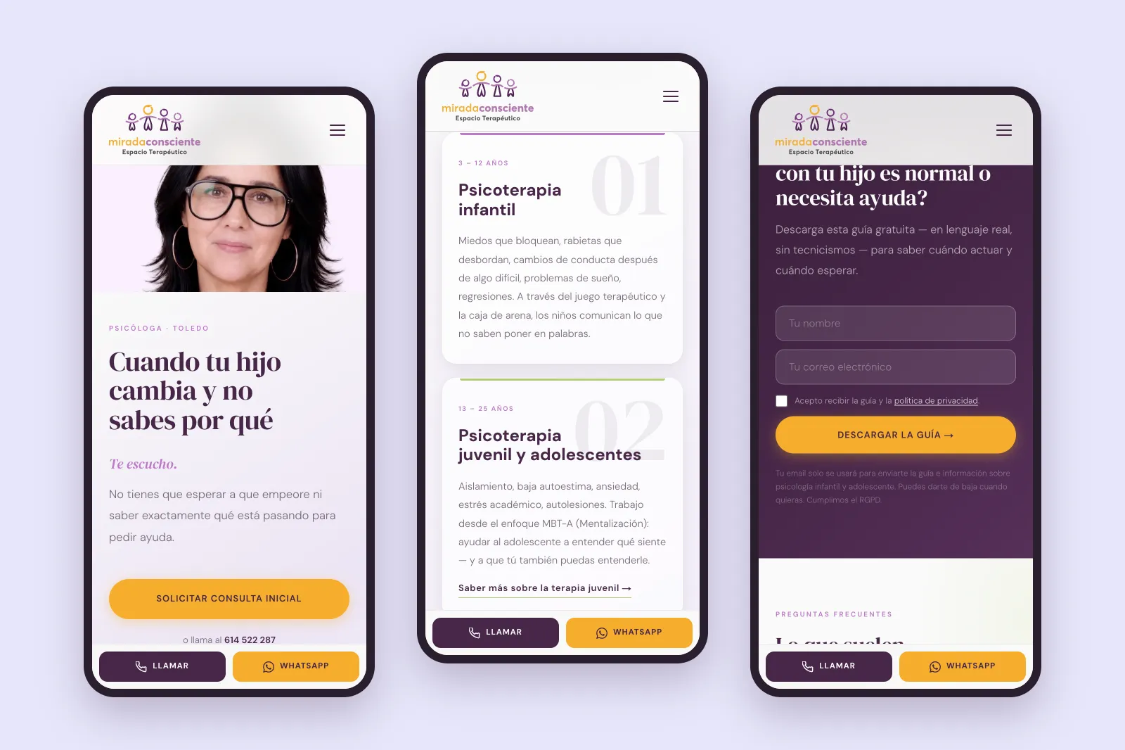 Mirada consciente website on three phones